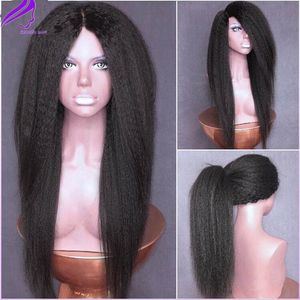 Black kinky straight wig free part heat resistant italian yaki straight Synthetic Lace Front Wigs For black women