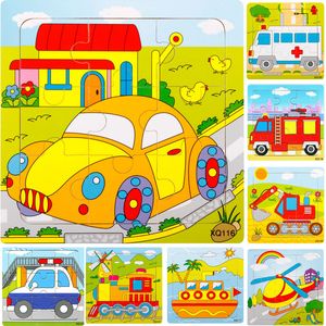 5pcs Kids Children Wooden Cartoon Vehicle Transport Traffic Cars Motorbike Helicopter Ship Train 9 Parts Puzzle Toys Mix order Wholesale