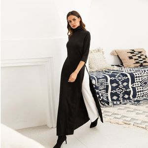 2021女性の黒いドレスの女性秋のエレガントなニットストレッチドレスプラスサイズM-to 2xlスプリットスカート