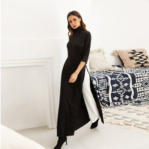 2021 frauen schwarz kleid frauen herbst elegante gestrickte stretch kleider plus größe M-bis 2XL Split rock