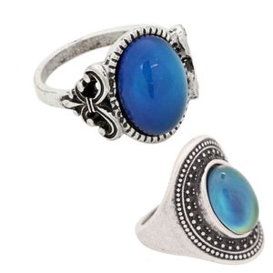 Womens Fashion Silver Plated Color Change Mood Oval Stone Ring for Gifts 2 PCS/Set