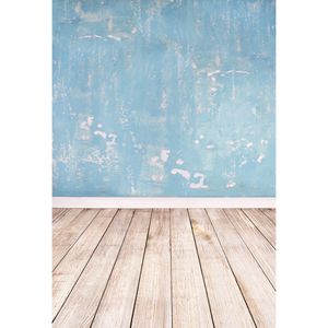 Solid Blue Wall Kids Photo Backdrops Trägolv Nyfödd Baby Shower Props Boy Barn Barn Flickor Fotografi Studio Bakgrunder