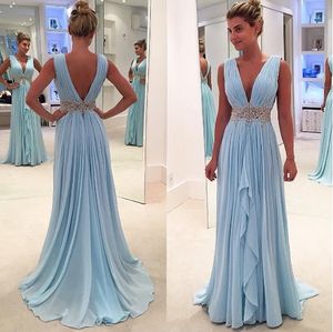 Bir Çizgi V Yaka Şifon Mavi Artı Boyutu Gelinlik Modelleri Vestidos Elegantes 2019 Arapça Uzun gece elbisesi ABD