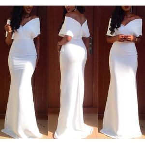 新到着美しい白いシンプルなイブニングドレスオフショルダーマーメイドロングウエディングドレスホワイトパーティーガウン266x