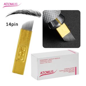 100 stücke 14 Pin PCD Microblading Nadeln Für Stickerei Stift Permanent Make-Up Augenbrauen Tattoo Liefert Maschine Geneigten Kopf Klingen gold