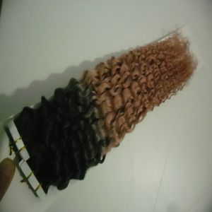 Ombre Human Afro Kinky Cr Pu Hair Tape In Human Hair Extensions Brasilianska Remy Hår På Lim Tape PU Skin Weft Osynlig 100g 40st