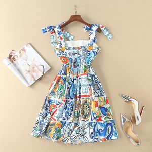 Cute! blue porcelain tile patterns print dress bow tie spaghetti strap fit and flare mini summer dresses new 2018 spring brand