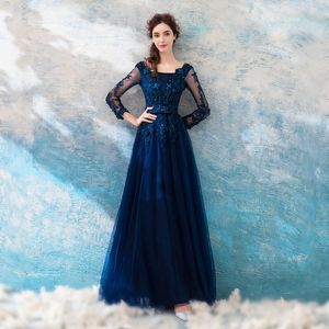 Gorgeous Dark Blue Prom Dresses Long Evening Gowns Scoop Three Quarter Sleeves Floral Applique with beads Sequins Party Dress
