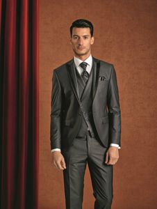 Dark Gray Mens Suits Slim Fit Groomsmen Wedding Tuxedos One Button Three Pieces Groom Suit Peaked Lapel Blazers With Jacket Vest Pants