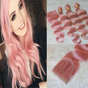 Brazilian Body Wave Virgin Human Hair Bundles With Lace Closure Baby Pink Color Unprocessed Remy Hair Weave Extensions Rose Gold Top Closure