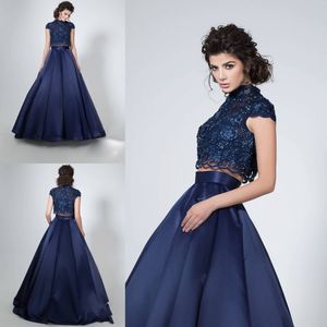 Dark Navy Two Pieces Prom Klänning Högkrage Broderi Sequins Beaded Covered Button Long Afton Dresses