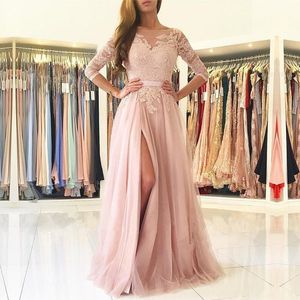 Elegant Sweet Pink Lace Evening Dresses Floor Length Side Split Prom Dress Illusion Jewel 3/4 Long Sleeves Backless Formal Party Gowns