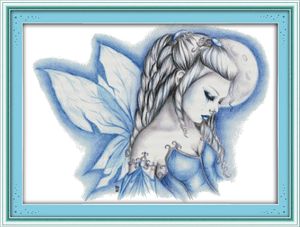Blue fairy beauty girl decor paintings , Handmade Cross Stitch Embroidery Needlework sets counted print on canvas DMC 14CT /11CT
