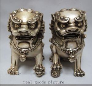 Raro Chinês Guardião de Prata Leão Foo Fu Dog Estátua Par 12cm Alta