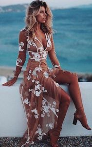 Sexig boho aftonklänningar v hals 3 4 långa ärmar blommiga applikationer tyll vit solbränna strand kvinnor klänning golvlängd illusion 266y