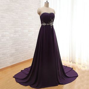 2019 Long Formal Bridesmaid Dress Dark Purple Chiffon Strapless Soft Sweetheart Beach Wedding Maid of Honor Gowns with Crystals Beading