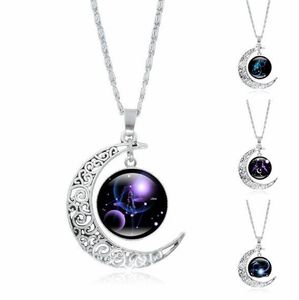 Moda 12 Takımyıldızı Kolye Zodyak Cam Cabochon Kolye Gümüş Crescent Moon Gümüş Zincir Kolye Kadın Takı