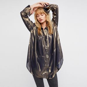 Camicette nuove da donna primavera 2018 design lungo casual camicette larghe larghe colore dorato camicie oversize moda lucida top