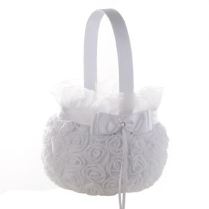 White Rose Flower Girl Basket Elegant Satin Bow knot Round Wedding Favors Decoration