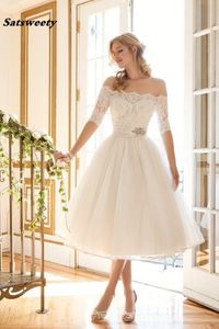 Elegant Lace/Organza Off the Shoulder Boat Neckline Half Sleeve Tea Length Vintage Wedding Dress Vestido De Noiva 2023