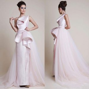 Designer 2018 Pink One Shoulder Evening Dresses Overskirt Sheath Prom Gowns Satin Floor Length Formal Dress