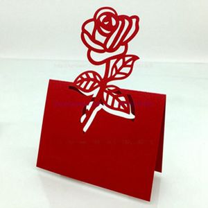 100 sztuk / partia Red Rose Table Decoration Place Card Wedding Party Decoration Laser Cut Heart Floral Wine Glass Paper Platte Cards