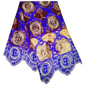 6Yards/pc Elegante tessuto di cotone africano blu royal ricamo e caffè sfondo stampato solubile in acqua per il vestito LBL40-3