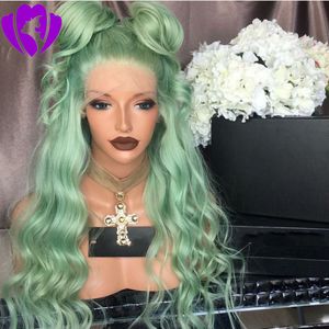 HotSelling Lila / Röd / Blond / Svart 360 Frontal Long Deep Wave Full Hair Wigs Green Syntetisk Lace Front Wig För Kvinnor Med Barnhår