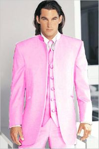 Новый стиль Groomsmen розового Groom Tuxedos мандарин отворот Мужские костюмы Свадебного шафер жениха (куртка + брюки + жилет + Tie) L175