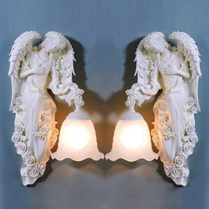 ヨーロッパの樹脂の翼天使廊下壁ランプベッドルームベッドサイド女神sconceガラスランプシェード吊りバルコニーポーチ廊下ライトフィクスチャ
