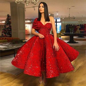 Dark Red Sequins Ball Gown Evening Dresses One Shoulder Ruffles Ankle Length Saudi Arabic Prom Dresses Formal Evening Gowns Zipper Up