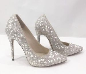 2018 Novas mulheres diamante de salto alto sapatos de salto fino pérola bombas sapatos de festa strass bombas vestido sapatos de cristal sapatos de casamento