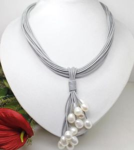 01-12mm Real White Freshwater Pearl Pendant Halsband Läder Cordmagnetlås Mode Smycken