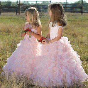 Light Pink Jewel Short Capped Sleeves Ball Gown Birthday Dresses Back Zipper Tiered Ruffle Custom Made Party Dresses For Girl Lovely