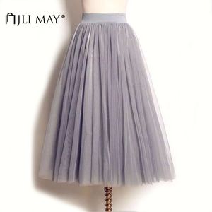 Jli maj lång vuxen tulle kjol bröllop maxi 3 lager svart vit elastisk pläterad mesh mid-calf tutu kvinnor sommar eleparty