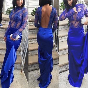 Deep Blue Lace Prom Klänningar Jewel Neck Backless Långärmade Sjöfrö Formella Aftonklänningar Satin Kvinnor Gäster Gratis Frakt