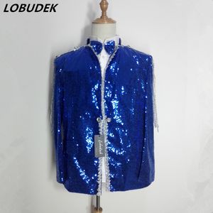 Men's Blue sequins Jackets Crystals Tassels slim Coats Bar Prom singer Dancer Costumes Party stage Performance Clothing Jazz show Outerwears