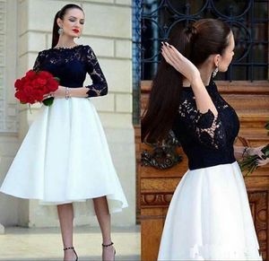 White and Black Short Prom Dresses 2017 New Hot Selling Jewel Neckline A-Line 3/4 Long Sleeve High Low Lace Formal Party Evening Gowns