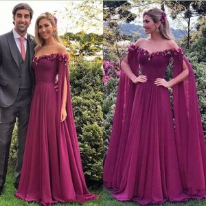 Vintage 2018 Long Sleeve Evening Dresses Floral Off Shoulder Neckline A-Line Plum Chiffon Prom Dresses Long