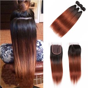 Brasilianska Ombre Human Hair Weave 3 buntar med stängning T1b 33 Mörk Auburn Rak Virgin Hårbuntar med spetslåsfria mellandel