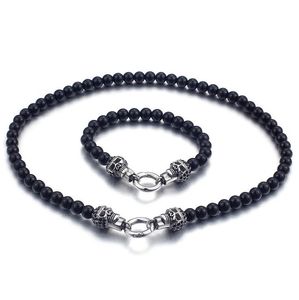 Mode manliga svarta pärlor sätter rostfritt stål punkskalle lås pärlstav chocker halsband armband smycken uppsättningar för coola män