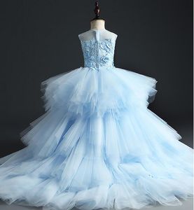 Elegant Long Trailing Blue Tulle Girls Pageant Dress Flower Girl Dress for Wedding Floral Girl Party Princess First Communion Gown266p