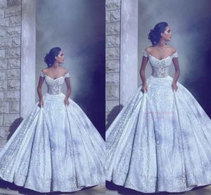 Charmig Elegant Off Axlar En Linje Satin Bröllopsklänningar 2019 Full Lace Sequins Skräddarsydda Bröllop Bröllopklänningar Sexiga Illusion Bodices