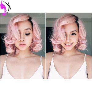Lager mörka rötter ombre rosa peruker för kvinnor kort bob lös våg syntetisk spets fram peruk naturlig hårlinje
