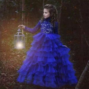 Herbst 2018 Muster Flowergirl Kleider High Neck Lace Mieder Cascading Rüschen Rock mit langen Ärmeln Royal Blue Kids Brautkleider