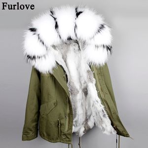 Furloveファッションの女性の自然の毛皮の並ぶフード付きコートミニパーカー大型アライグマの毛皮襟のアウトウェアウィンタージャケット