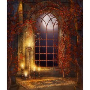 Finestra ad arco del castello delle fiabe Sfondi di Halloween Foglie di acero Candele dell'albero Luna piena Sfondo di cabine fotografiche per bambini