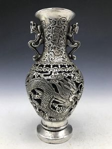 Marcações De Prata venda por atacado-O vaso de prata tibetano chinês com dragão e phoenix projetam a marca de Xuande
