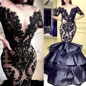 Ravishing Tiered Feather Prom Dress Sheer Jewel Lace Applique Beads Short Sleeve Mermaid Prom Dresses Sexy Evening Gown vestidos de fiesta