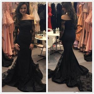 Eleganckie czarne Mermaid Długie Rękawy Suknie Wieczorowe Aplikacja Lace Off Ramię Party Party Suknie Custom Made Plus Size